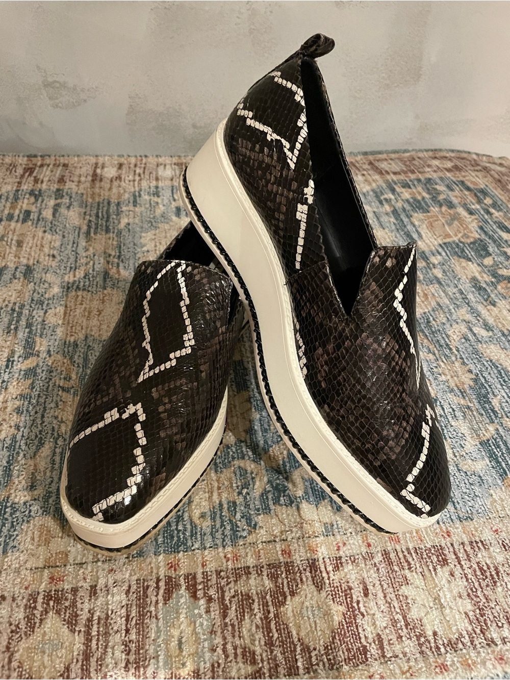 Karl Lagerfeld Women’s Snake-Print Slip-On Platform Leather Upper Loafers